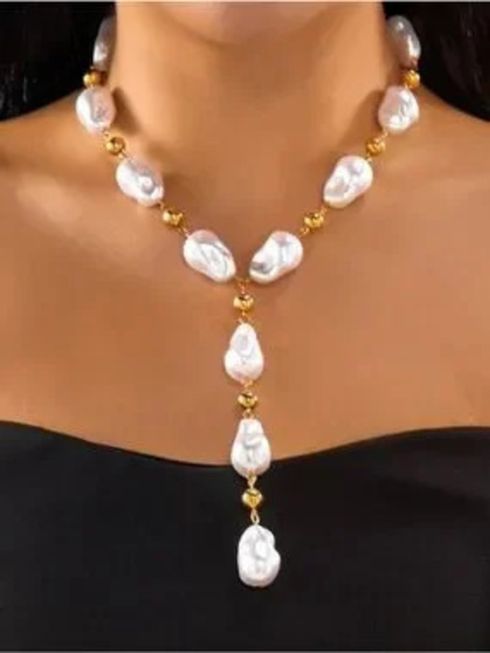 Gold & White Baroque Pearl Y-Drop Necklace